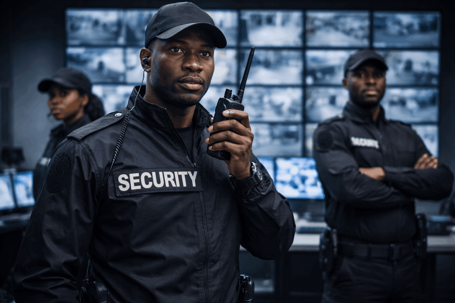Security officers monitoring facility access