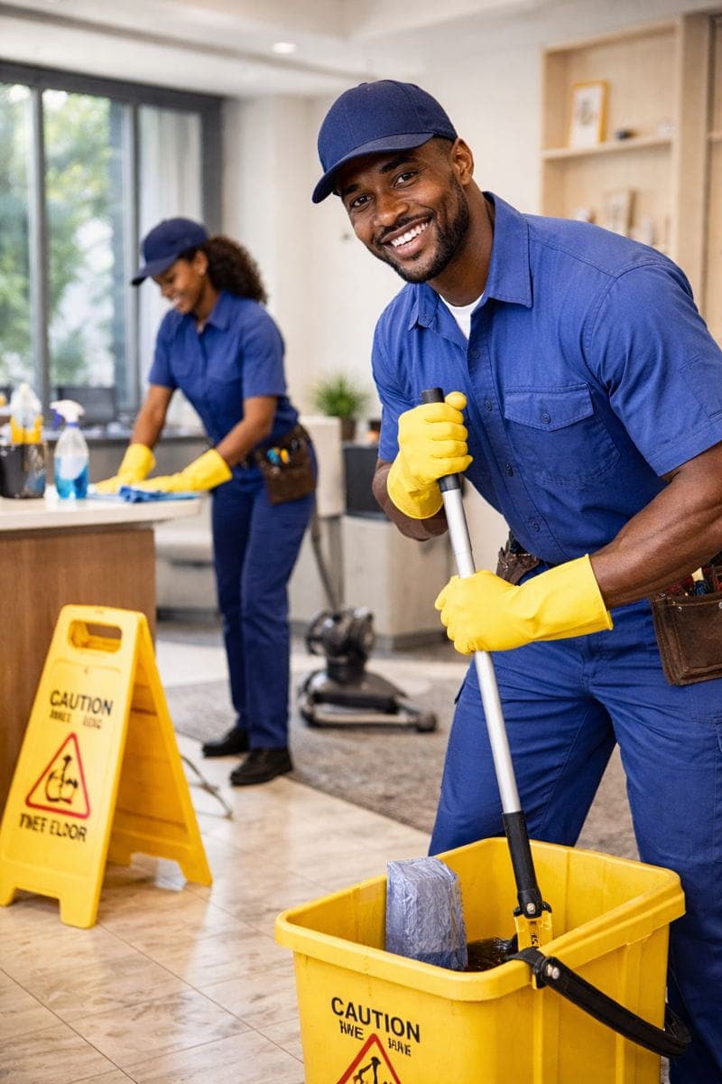 Cleaning worker maintaining a facility floor