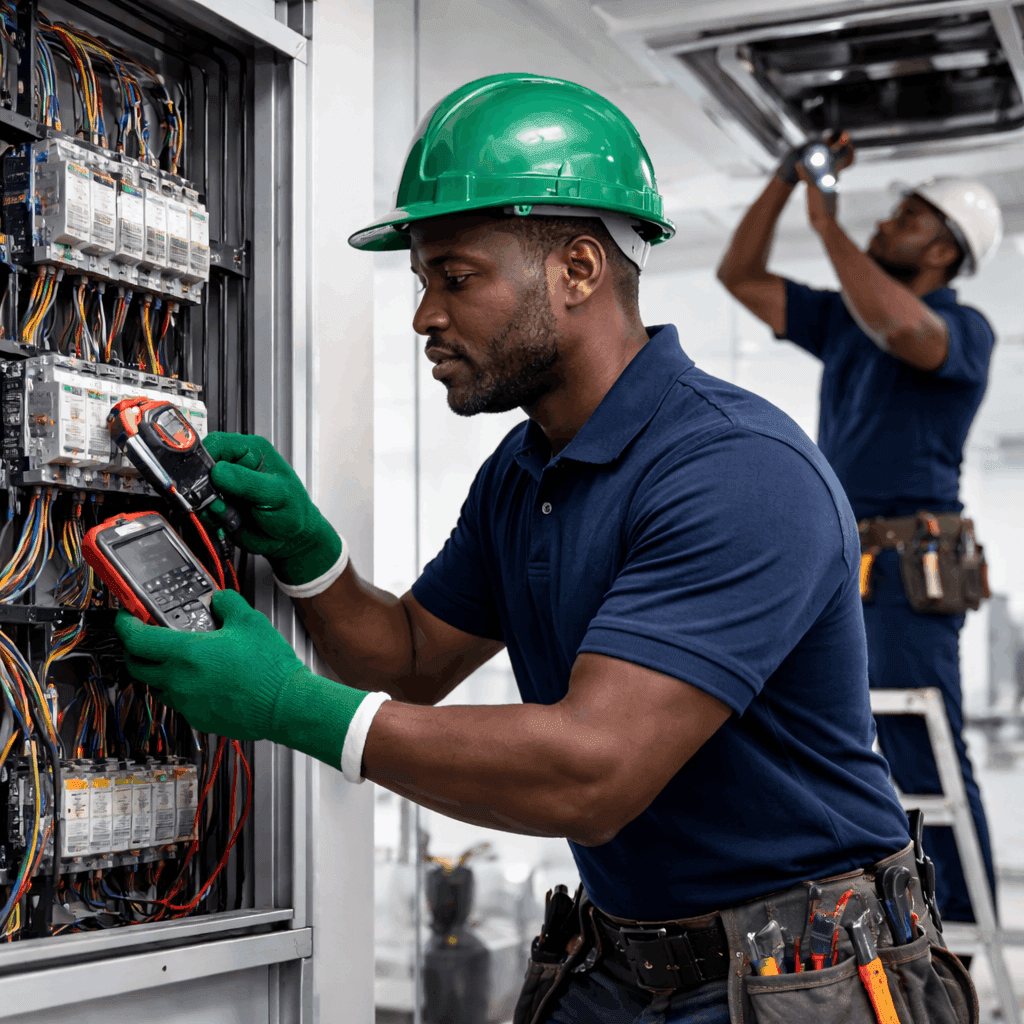 Technical support worker inspecting facility systems