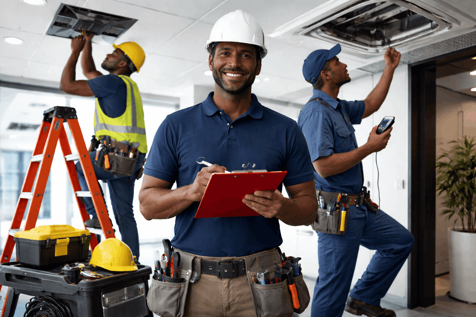 Maintenance technicians repairing facility systems
