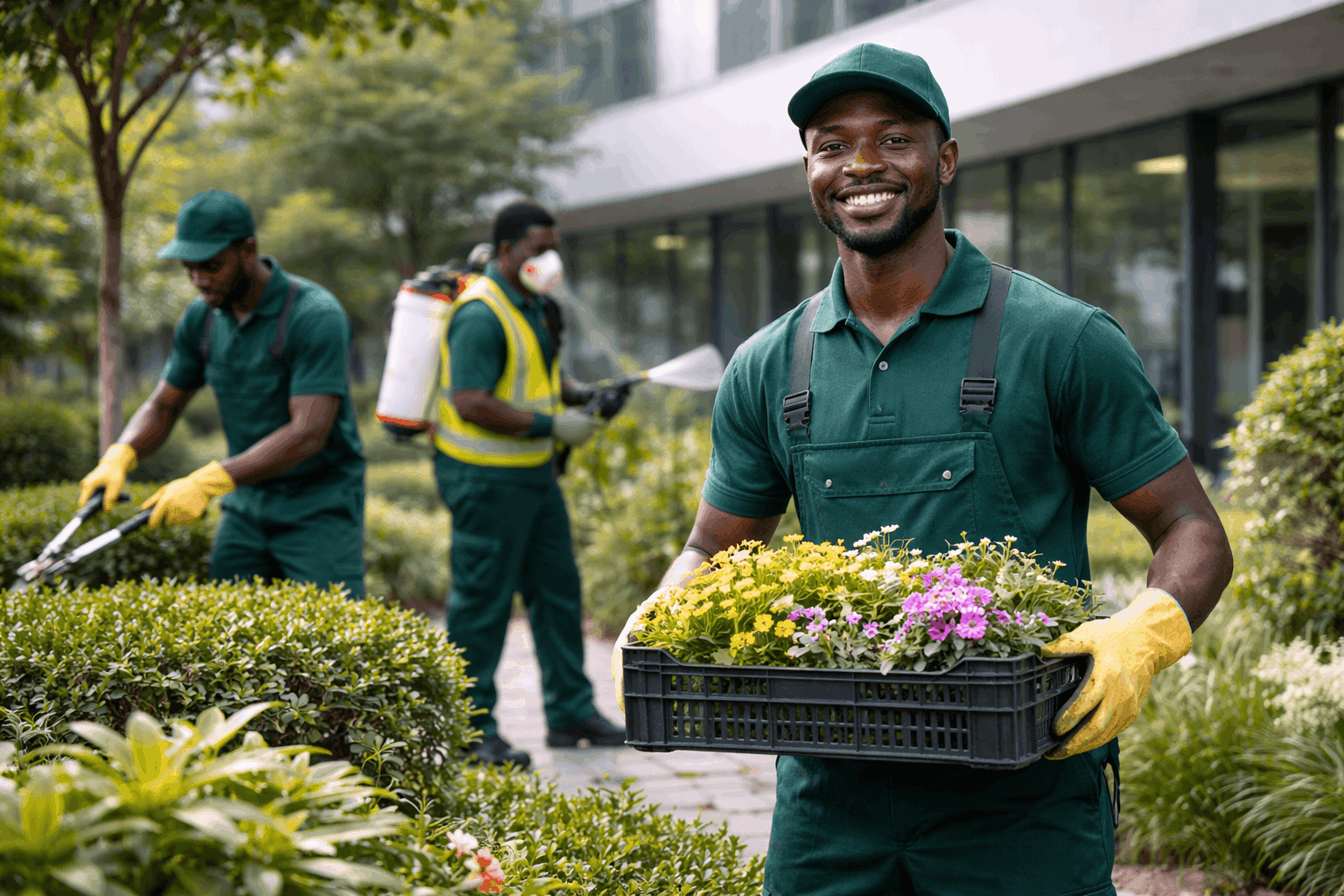 Gardening and pest control professional carrying plants